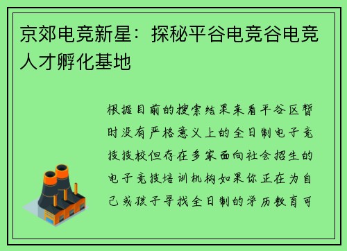 京郊电竞新星：探秘平谷电竞谷电竞人才孵化基地
